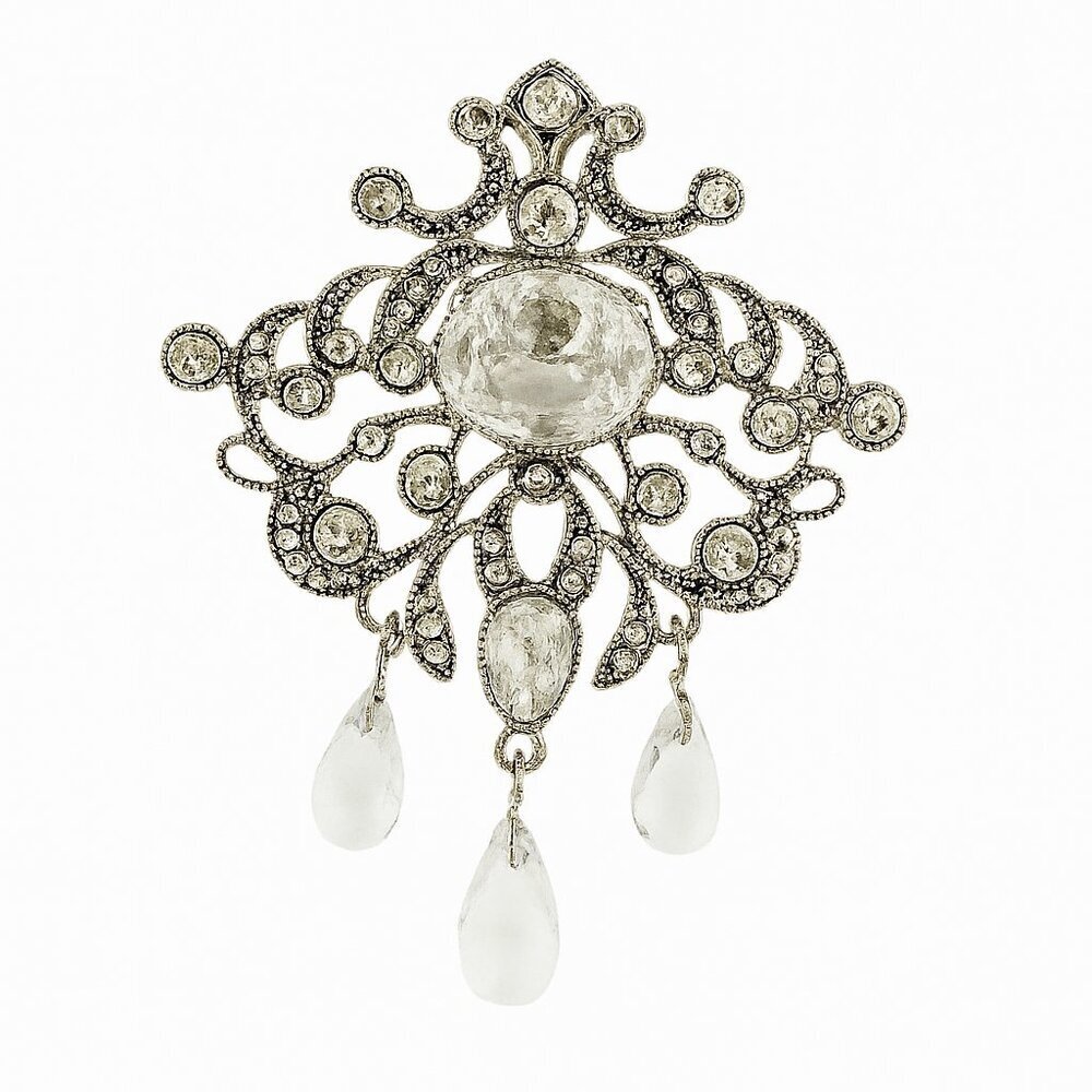 Vintage Monet Clear Crystal Teardrop Silver Victorian Brooch